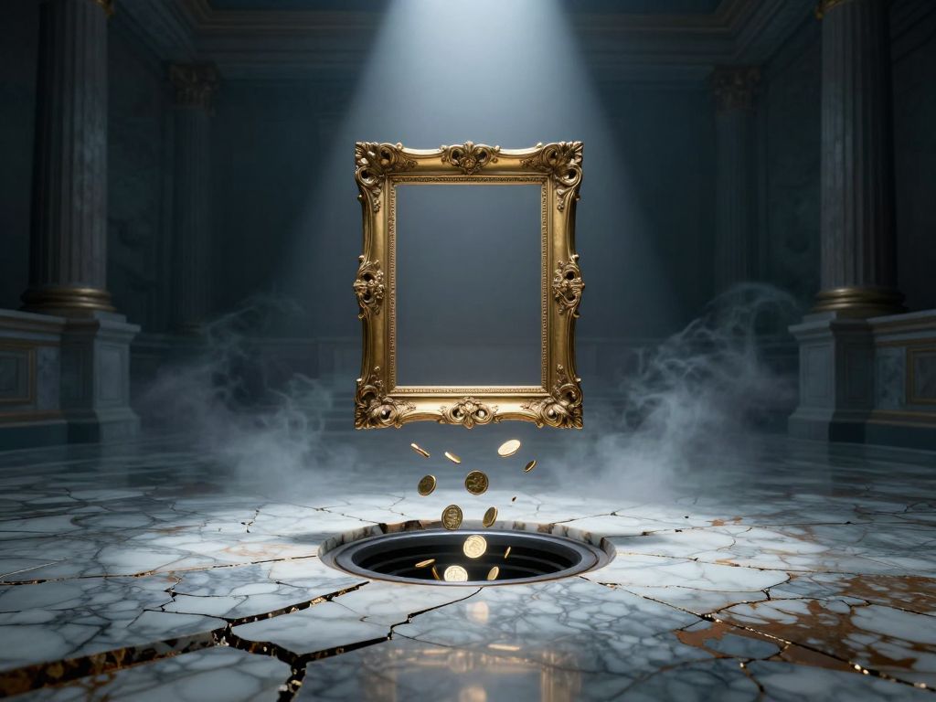 Empty gilded frame above cracked marble floor with coins draining through a spiral crack into darkness below