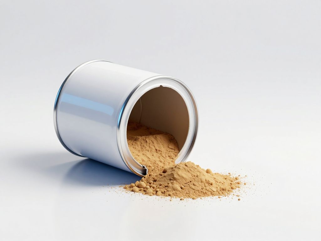 Cracked metal infant formula tin tipped on its side, fine white powder spilling across a stark clinical white surface