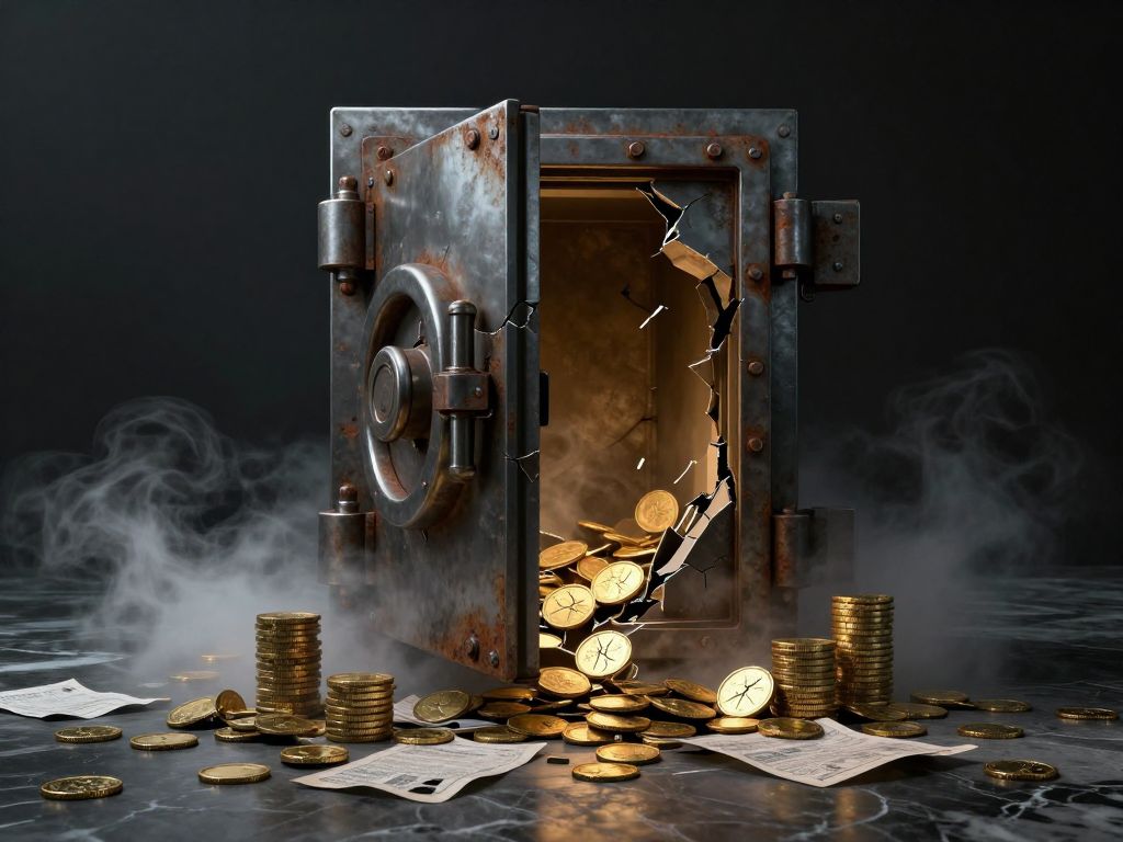 Cracked vault door open over collapsing gold coin towers dissolving into rust dust on dark marble floor
