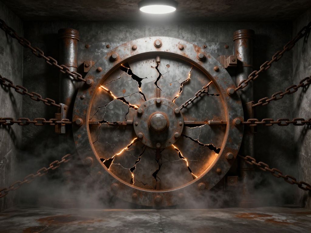 Cracked concrete vault door wrapped in rusted chains of varying sizes, fractures radiating across its surface in dim industrial light