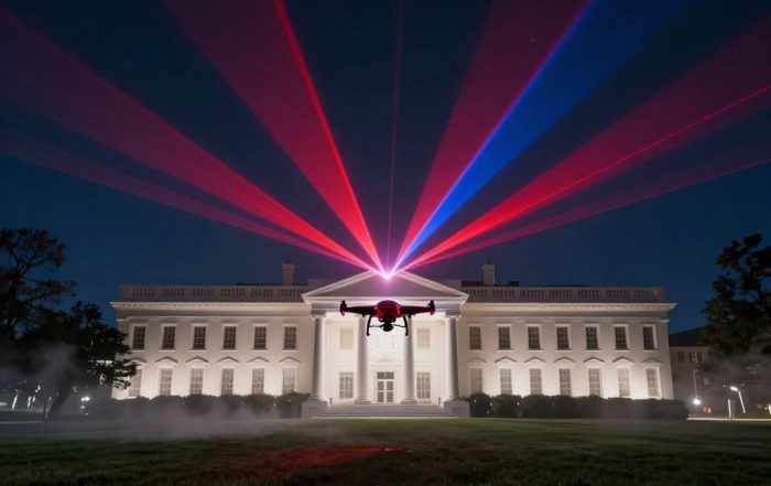 Armed drones in night sky above floodlit government building crisscrossed by red and blue security laser beams.