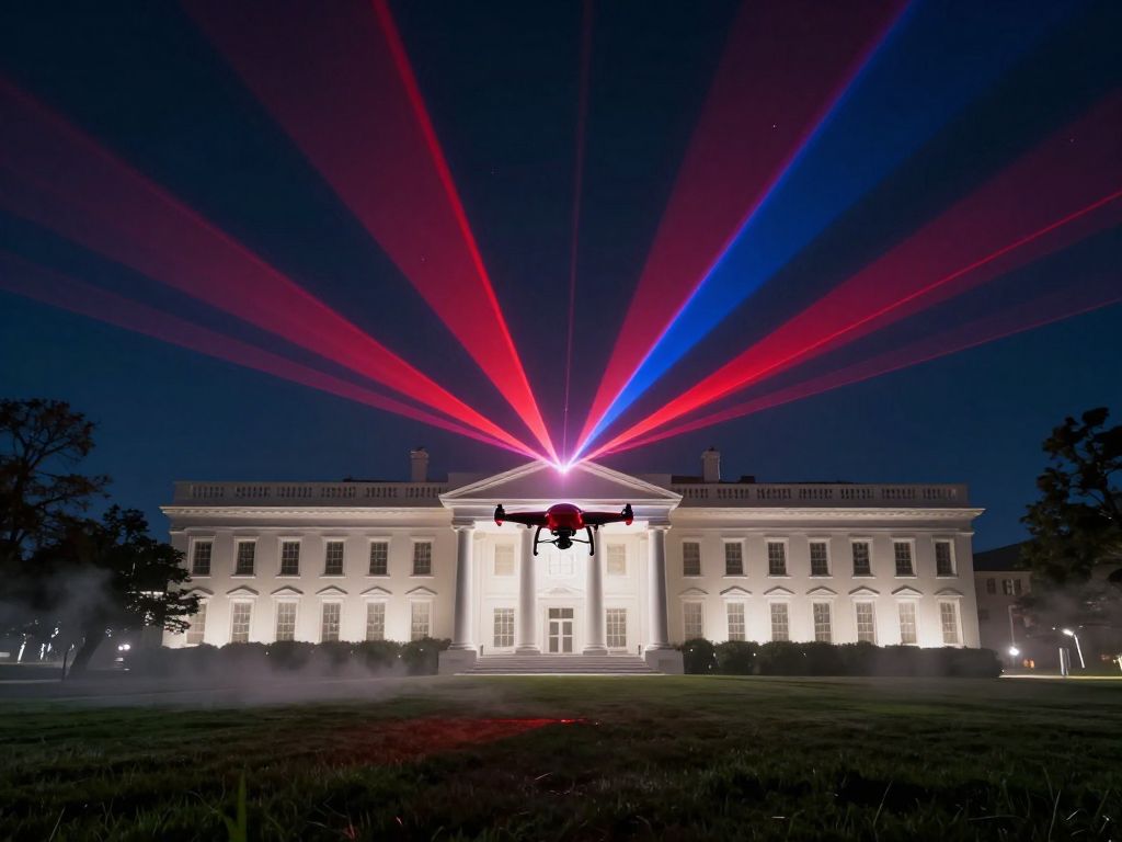 Armed drones in night sky above floodlit government building crisscrossed by red and blue security laser beams.