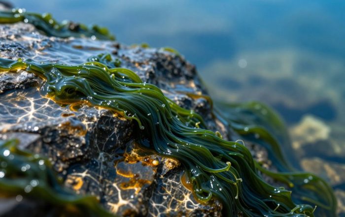Dark green algae colonies on submerged stones beneath clear lake water, empty dog collar on rocky shore above waterline.