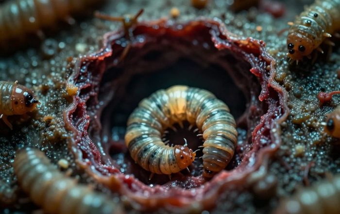 Extreme macro view of parasitic larvae tunneling into raw organic tissue with oozing amber fluid and necrotic cellular decay.