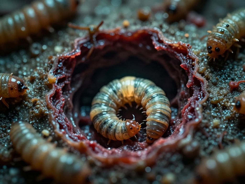 Extreme macro view of parasitic larvae tunneling into raw organic tissue with oozing amber fluid and necrotic cellular decay.