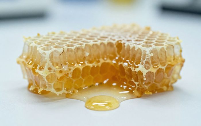 Cracked honeycomb leaking thin pale syrup next to a droplet of dark golden honey on a white surface