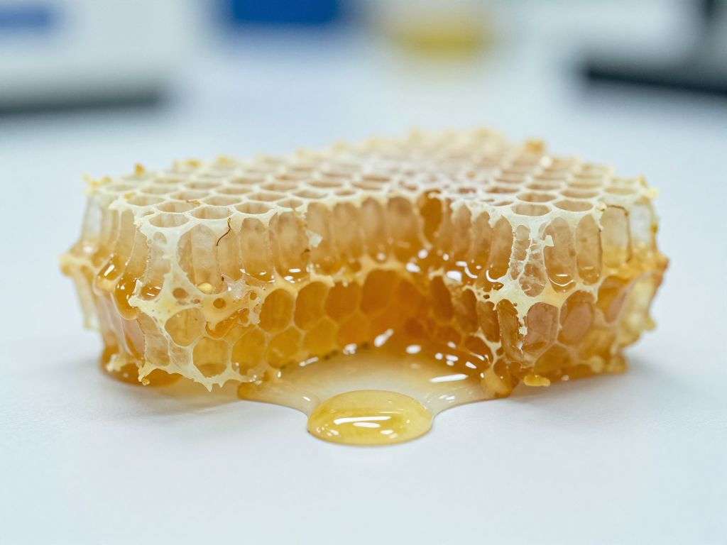Cracked honeycomb leaking thin pale syrup next to a droplet of dark golden honey on a white surface