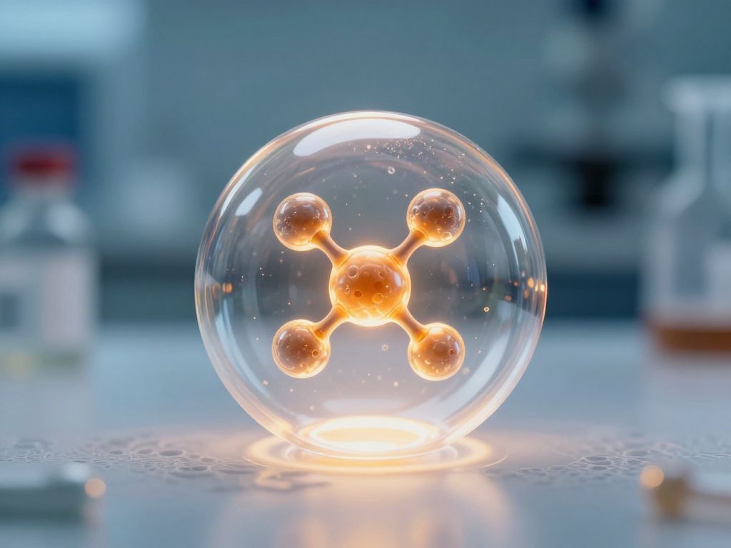 Fragile translucent bubble with five glowing amber molecular structures floating above a sterile white clinical surface
