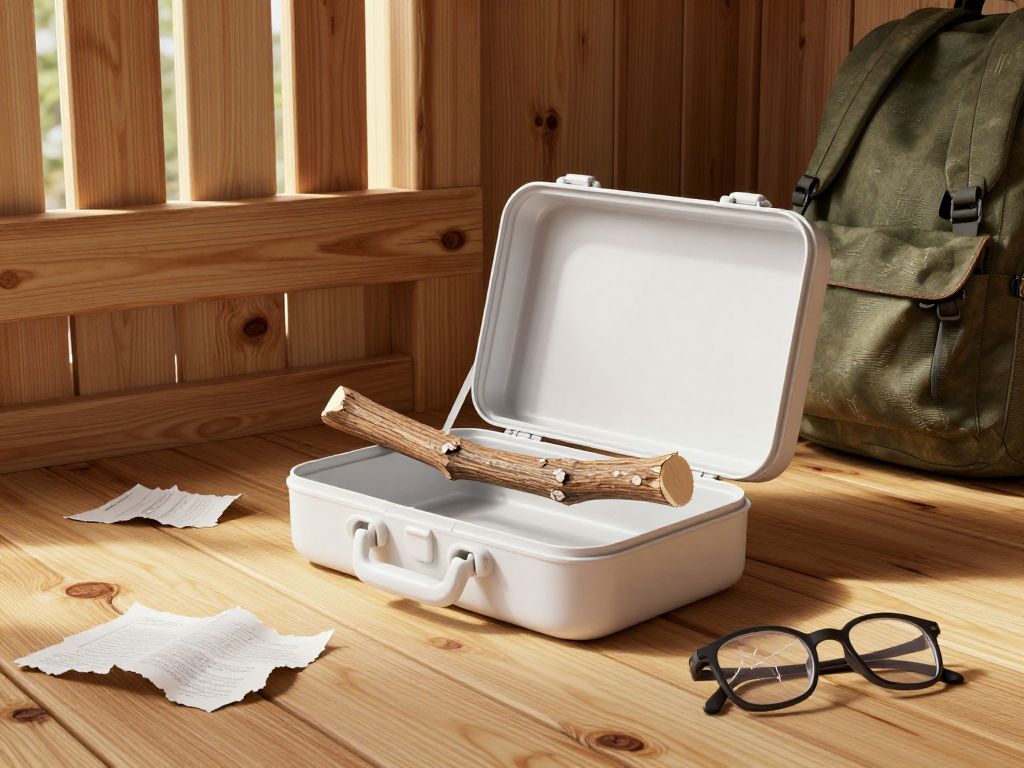 Broken wooden stick across an open empty first aid kit on pine floor, scattered torn papers and cracked glasses nearby