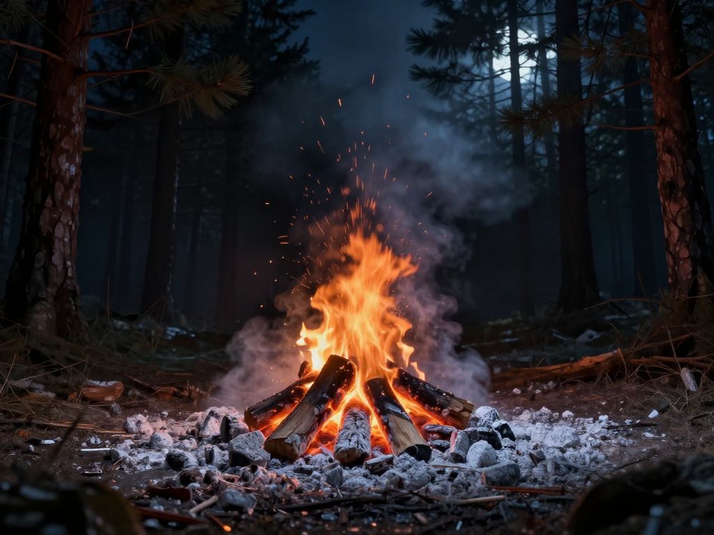 Cold campfire embers fading to ash in a dark forest clearing at night, scattered sparks rising into black sky