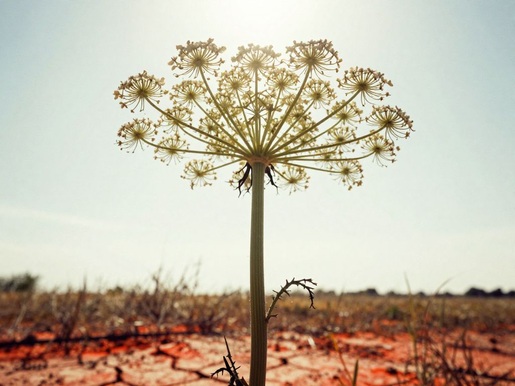Giant hogweed white flower umbel shot from below against harsh sunlight, cracked blistered earth below casting sharp shadows.