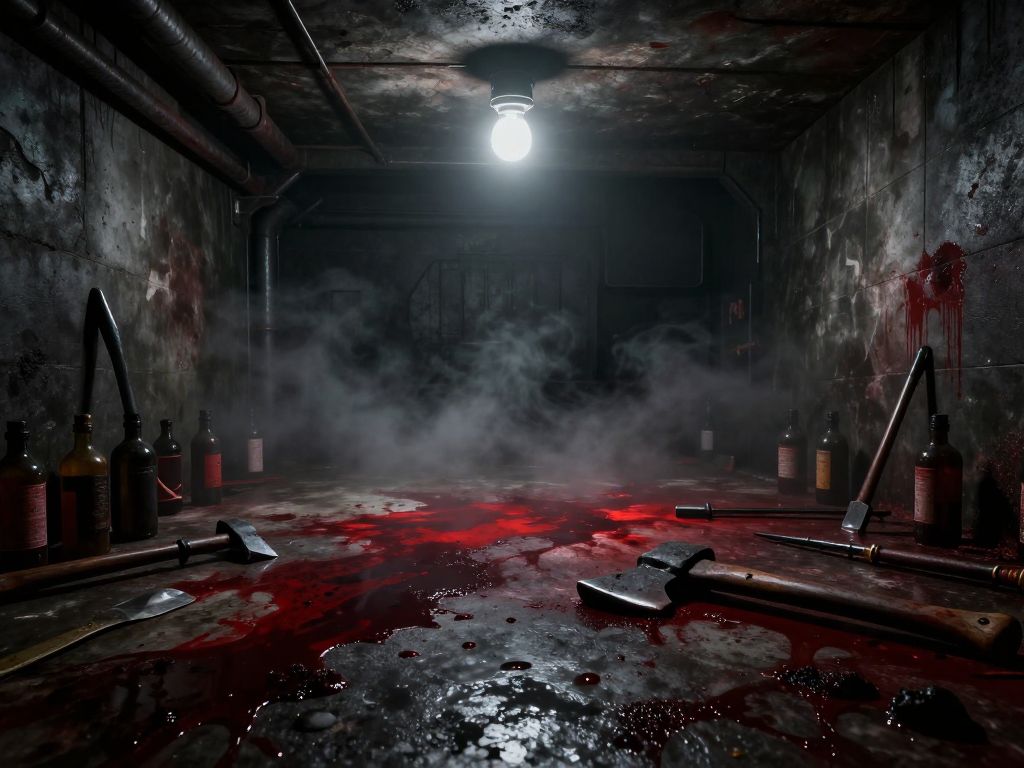 Dark basement floor with blood stains, axes, hammers and unlabeled bottles scattered across cracked concrete in dim light.