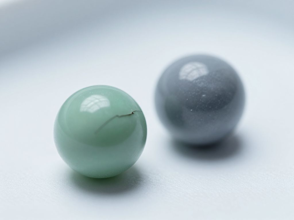 Soft translucent green sphere beside a hard grey stone-like orb, separated by a crack on a white surface