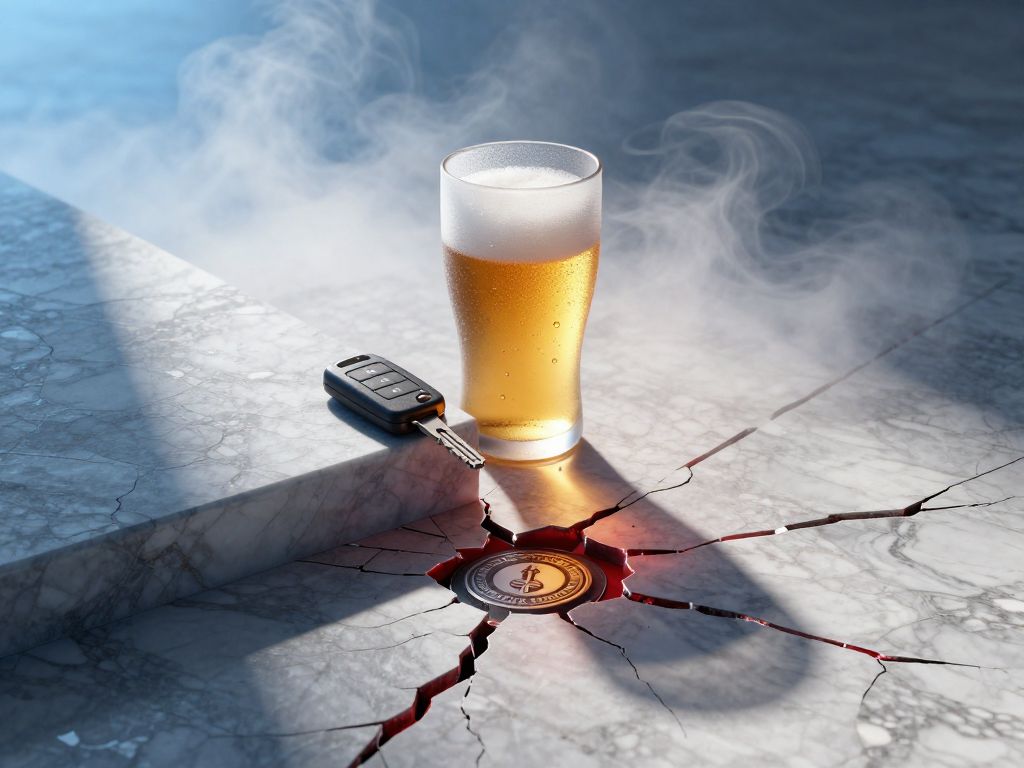 Frosted beer glass and car key fob on sunlit stone above cracked marble floor with shattered official seal