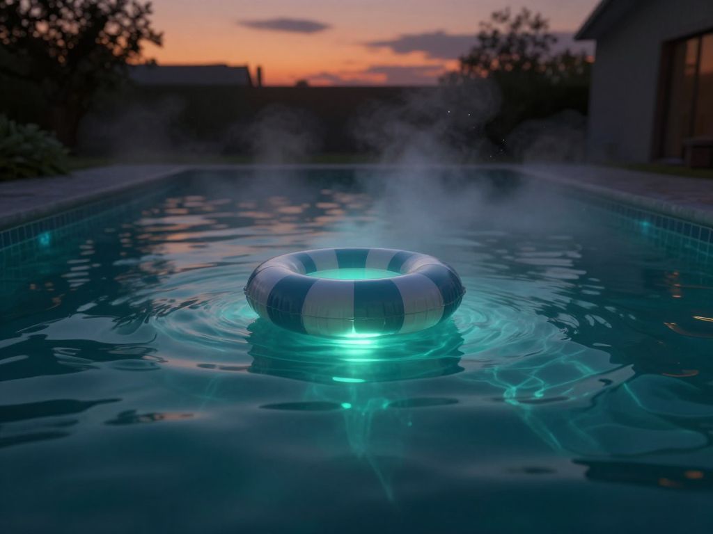 Small inflatable ring floating motionless on a still backyard swimming pool at dusk, leaves on the water surface.