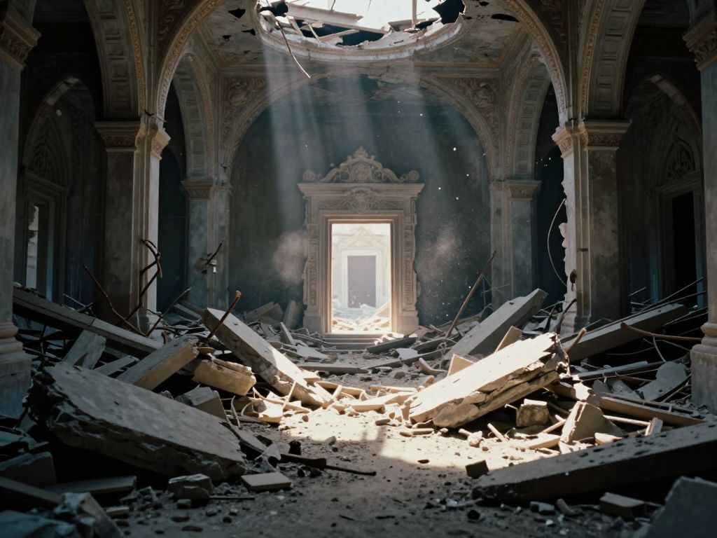 Collapsed ornate hall interior with twisted steel beams, shattered ceiling vaults, and rubble-filled floor in dusty half-light