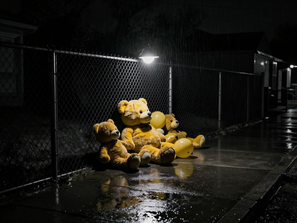 Rain-soaked teddy bears and deflated balloons pressed against a chain-link fence lit by a single cold porch light at night.