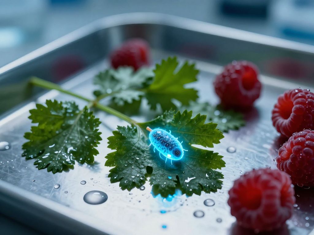 Wet cilantro and raspberries on a steel tray under ultraviolet light, with a cracked petri dish at the edge.