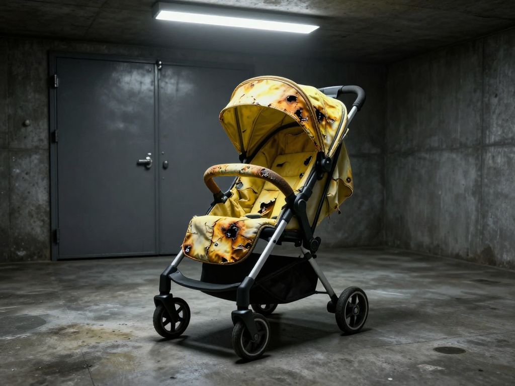 Baby stroller with burned and corroded fabric sits on bare concrete floor under harsh fluorescent light, chemical damage visible