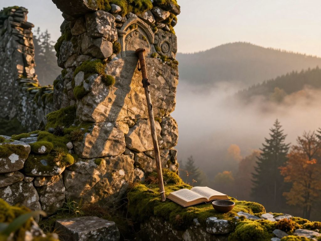 Worn wooden hiking staff against ancient Slovak castle stone wall at golden dawn with open book and bowl on mossy ledge
