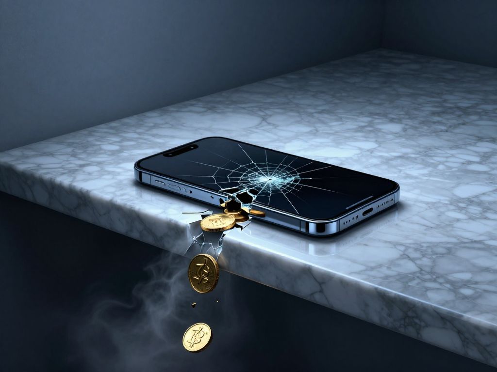 Cracked smartphone on marble bank counter with shattered screen fracture and gold coins dissolving into a dark drain nearby