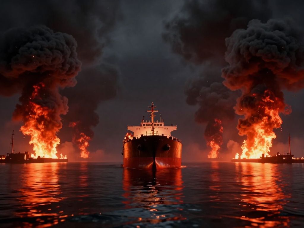 Supertanker motionless in dark strait between two coastlines burning with orange fire and rising black smoke columns