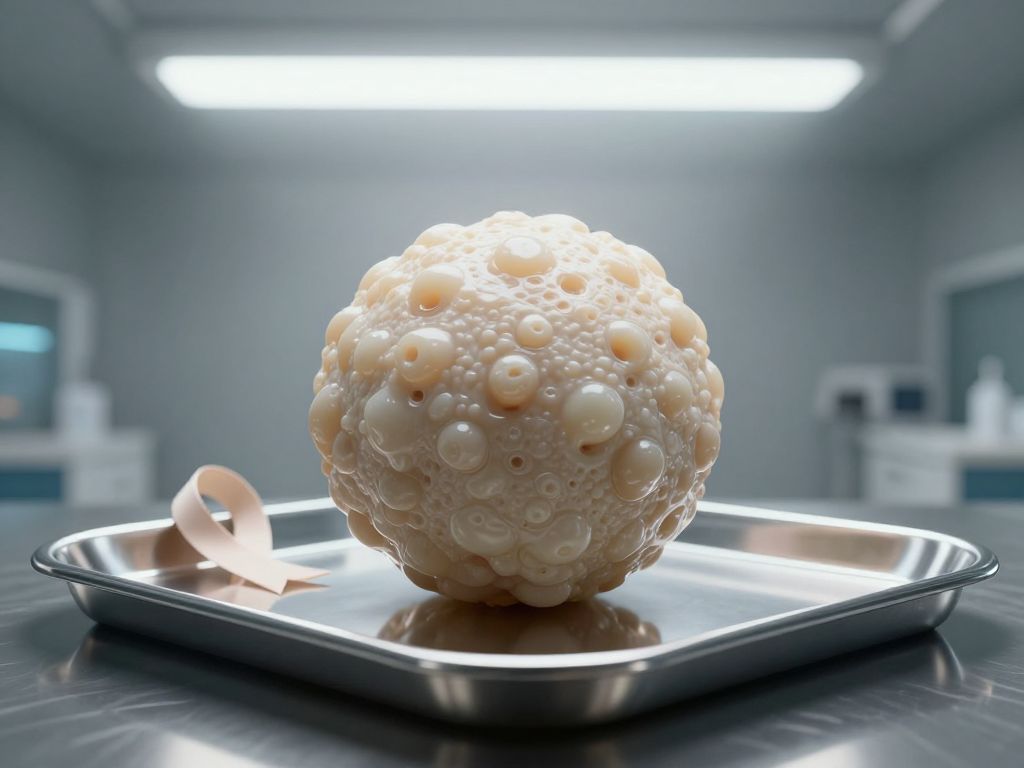 A smooth pale nodule resting on a cold steel medical tray beside a curled white ballet ribbon under harsh clinical light