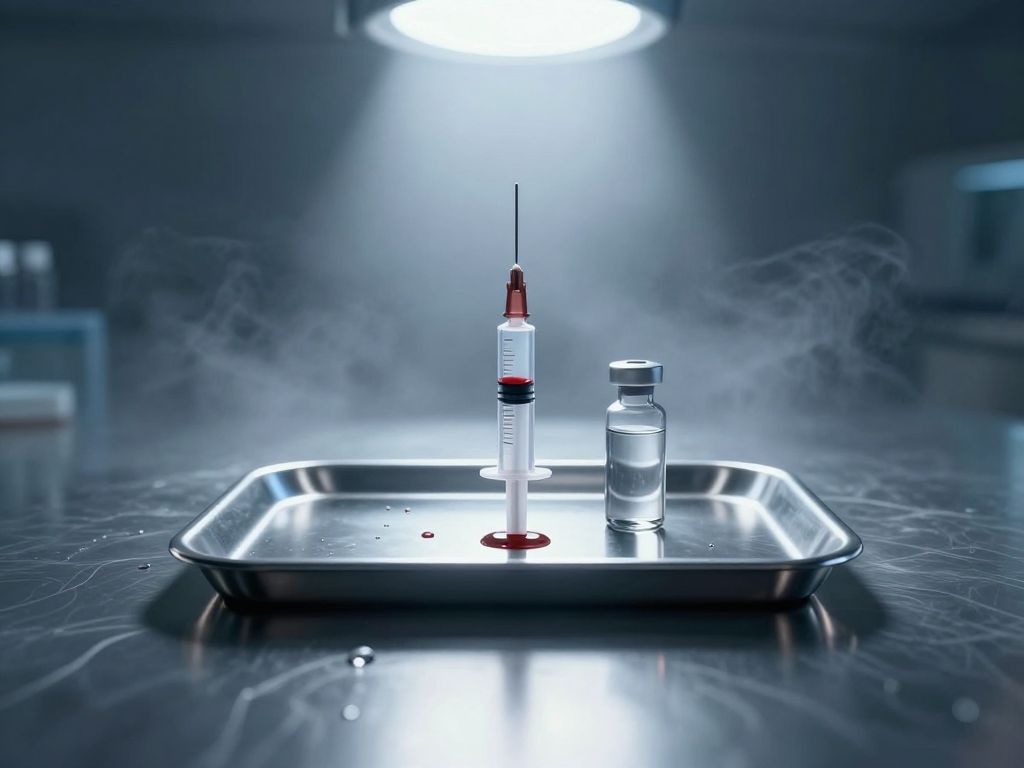 A single syringe on a steel tray beside an empty glass vial, surrounded by scattered liquid droplets on a cold reflective surface.