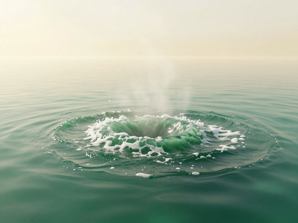 Dark turbulent water disruption ringed by ripples on a glassy haze-covered lake under a bleached summer sky