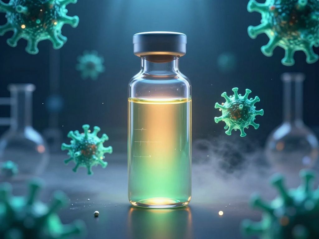 Glowing glass vial in deep blue darkness surrounded by dissolving viral molecular structures and softly radiating light particles