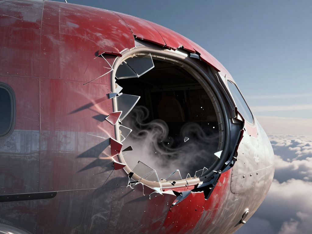 Shattered oval aircraft window gaping open in silver fuselage, jagged broken edges bent outward, dark crimson sky beyond the void.