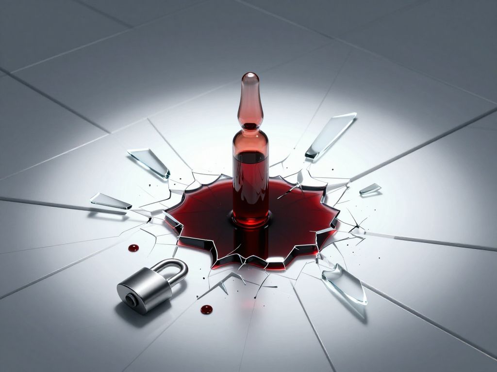 Shattered glass ampoule leaking dark liquid on cracked white hospital tile, open broken padlock beside it, sterile cold setting