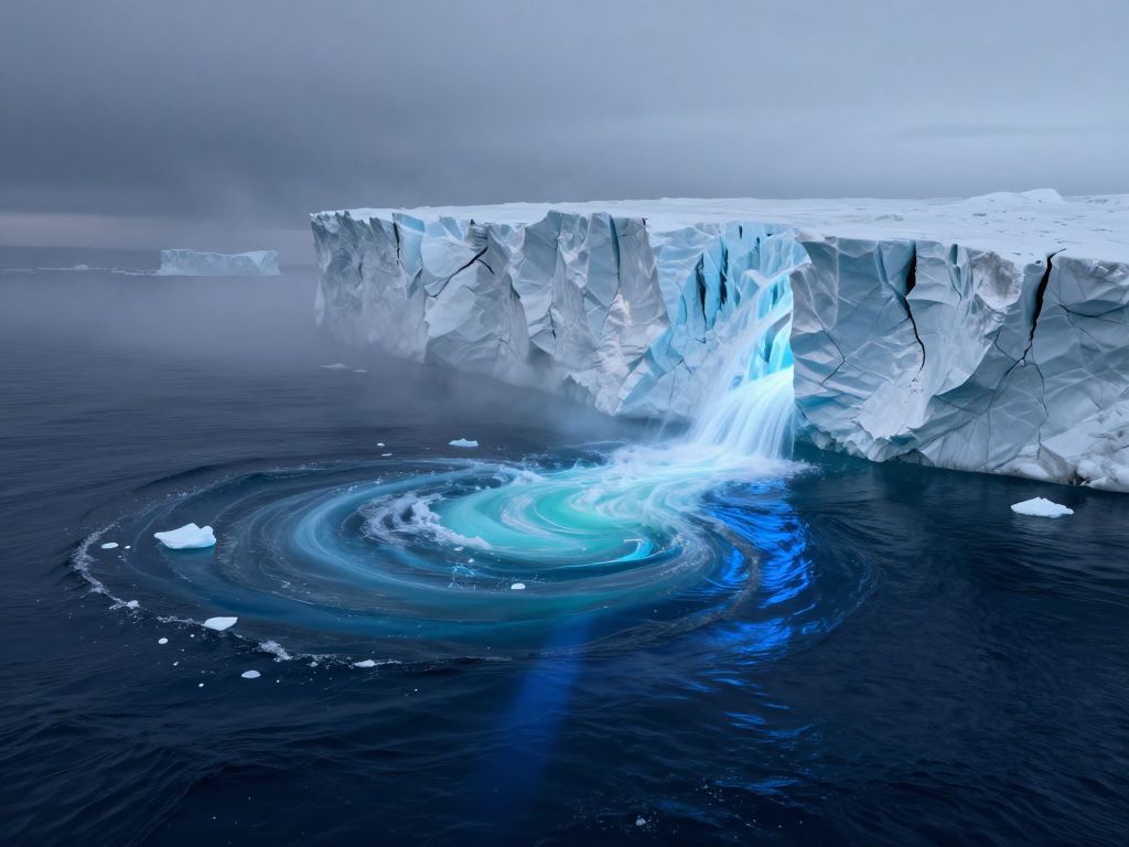Crumbling glacier edge releasing meltwater into a dark spiral ocean current pattern under a cold grey sky