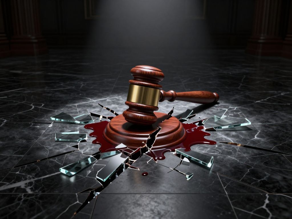 Broken wooden gavel on cracked dark marble floor with shattered glass fragments and deep crimson pool spreading outward