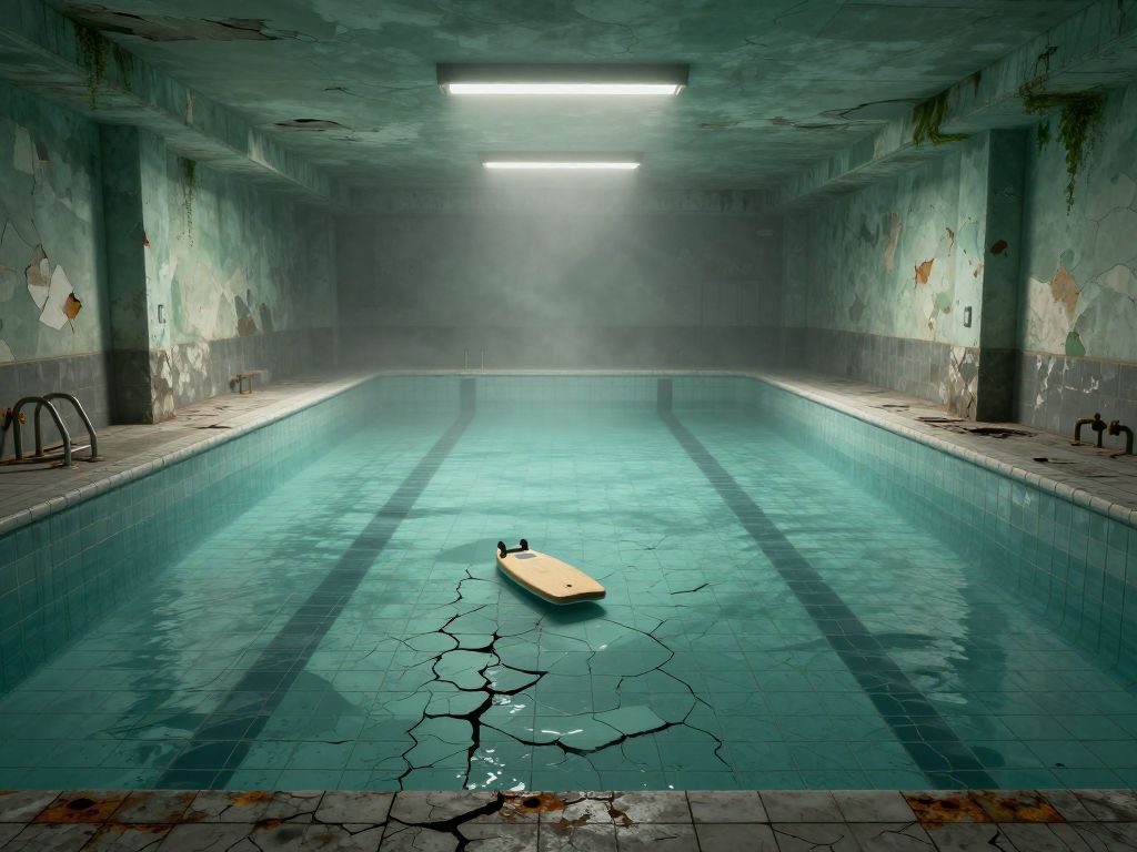Empty cracked indoor swimming pool with dry floor, rusted lane rope, and single small kickboard floating in residual puddle