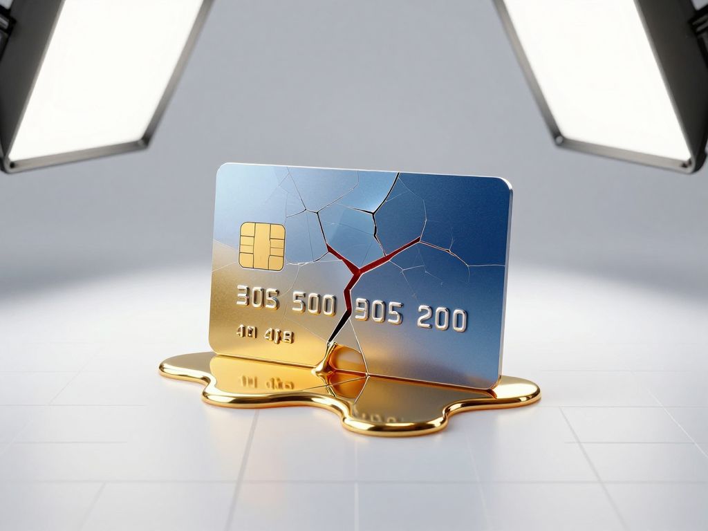 Cracked payment card with molten gold dripping from chip pooling on white surface, crimson fracture lines, steel blue card body.