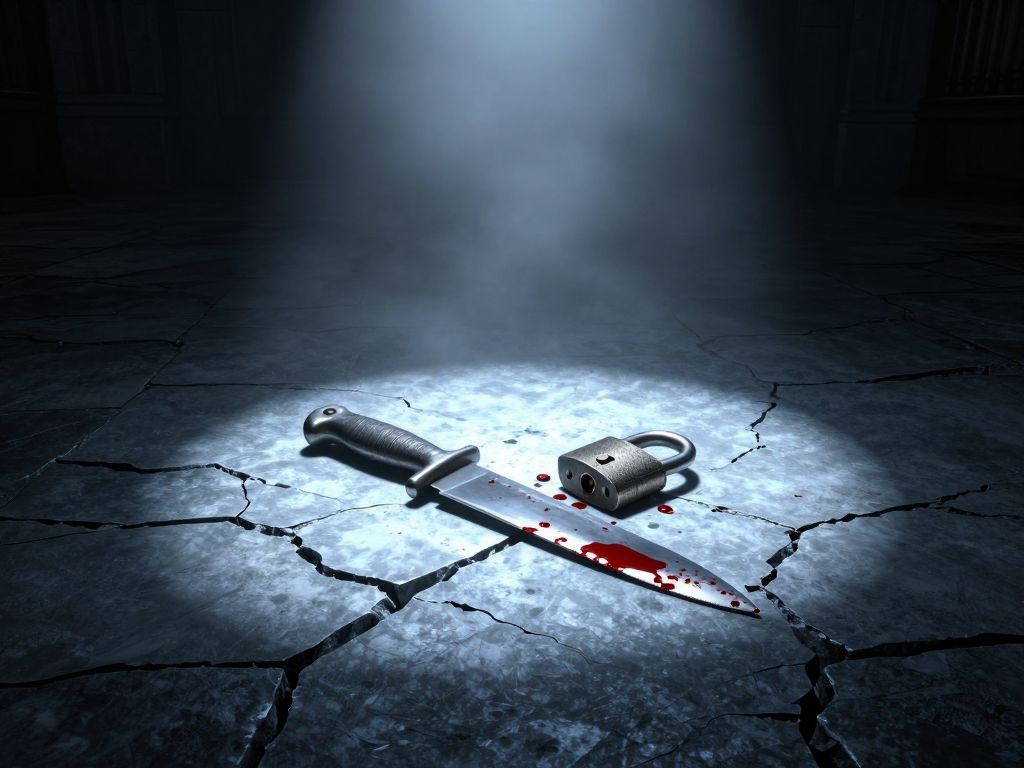Blood-stained knife on cracked stone floor beside a broken open padlock in cold institutional shadow.