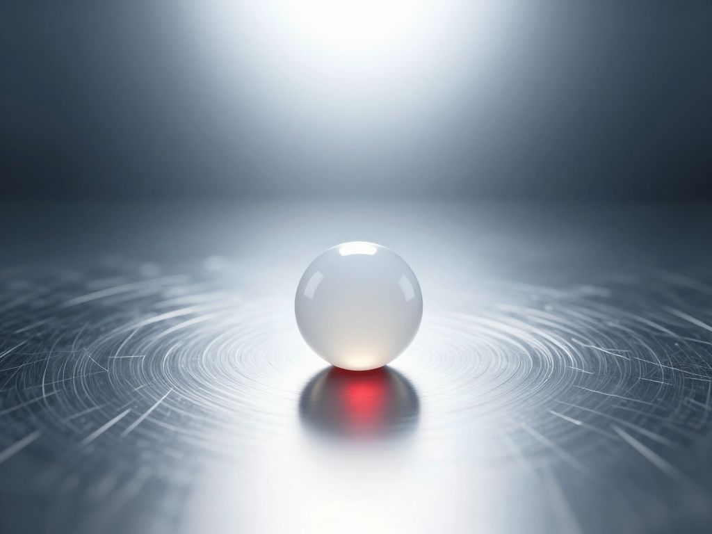 Tiny white polystyrene bead on reflective steel surface under harsh clinical light, surrounded by faint circular impact marks.