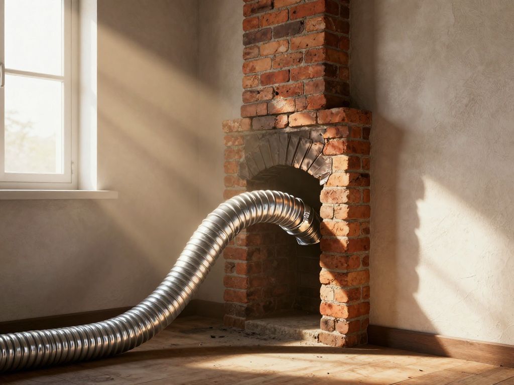 Silver flexible duct hose inserted into a dark brick chimney opening, sealed with metallic tape, sunlit room in background