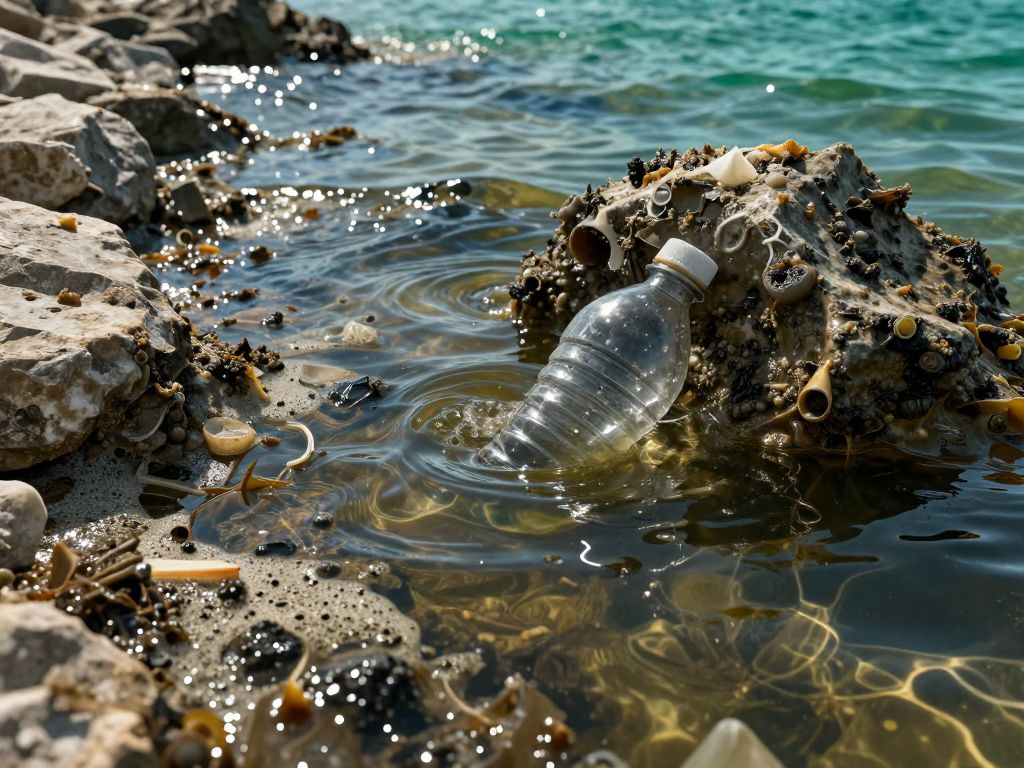 Foamy brown-green contaminated seawater washes over rocky shore littered with plastic debris and dark sludge