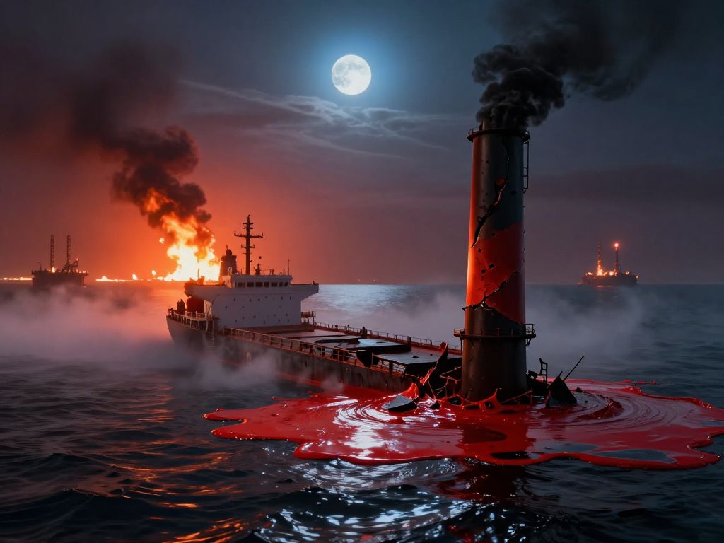 Burning oil tanker smokestack in dark strait waters, missile contrails crossing crimson sky, distant refinery fires on horizons.