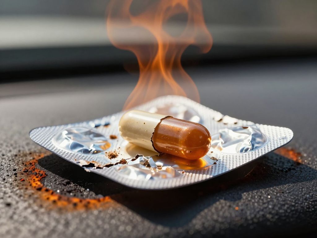 Warped blister pack with cracked capsule and spilled powder melting on a sun-scorched metallic car dashboard surface