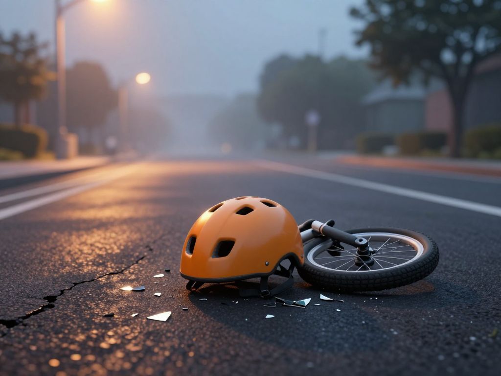 Child's bicycle helmet on cracked asphalt beside a bent wheel and scattered reflector debris at an empty intersection.