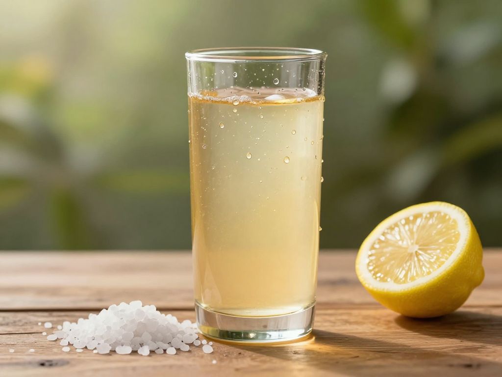 Condensation-covered glass of pale golden liquid beside white salt crystals and a halved lemon on a worn wooden table