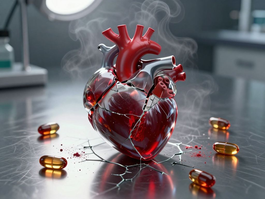 Cracked red glass heart splitting apart on steel surface, surrounded by scattered capsules and powder residue