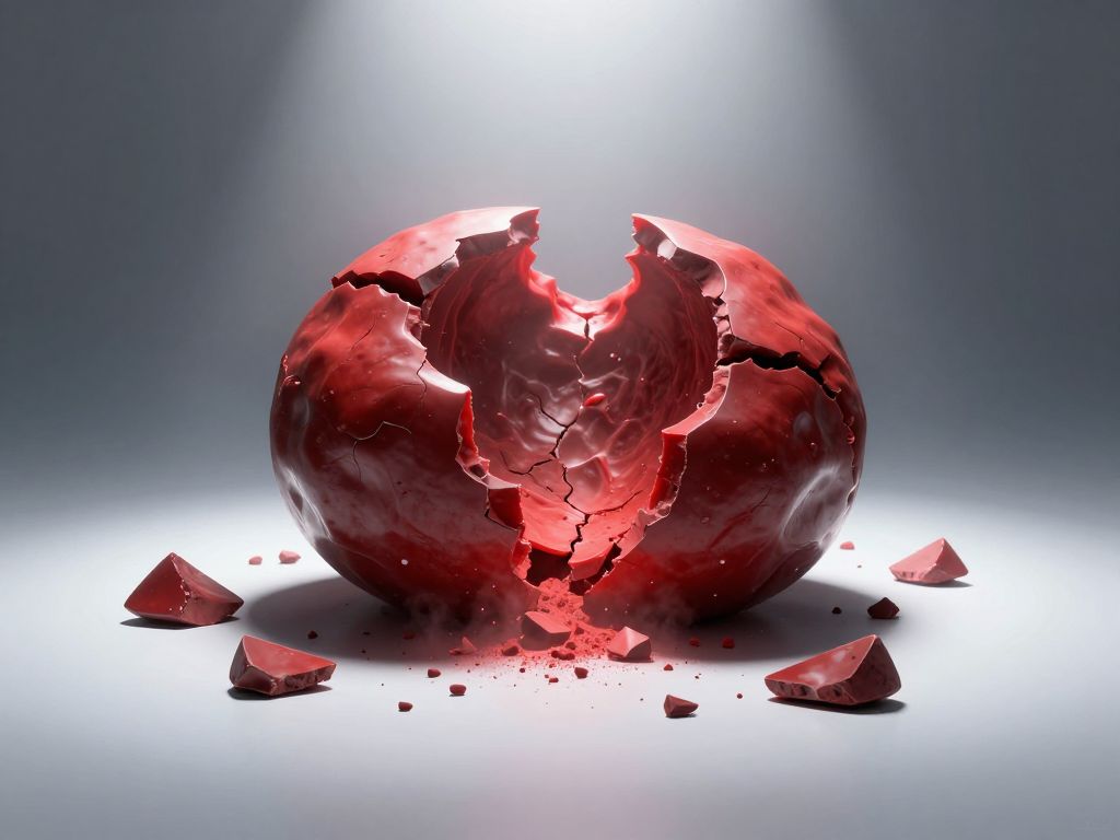 Fractured deep-red organic form dissolving into fragments on a stark white clinical surface, surrounded by scattered capsules.