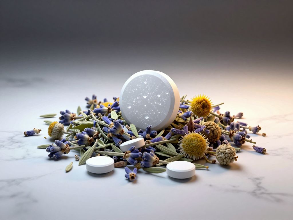 White prescription tablets spilling from amber bottle onto dried chamomile and herbs on cold marble surface
