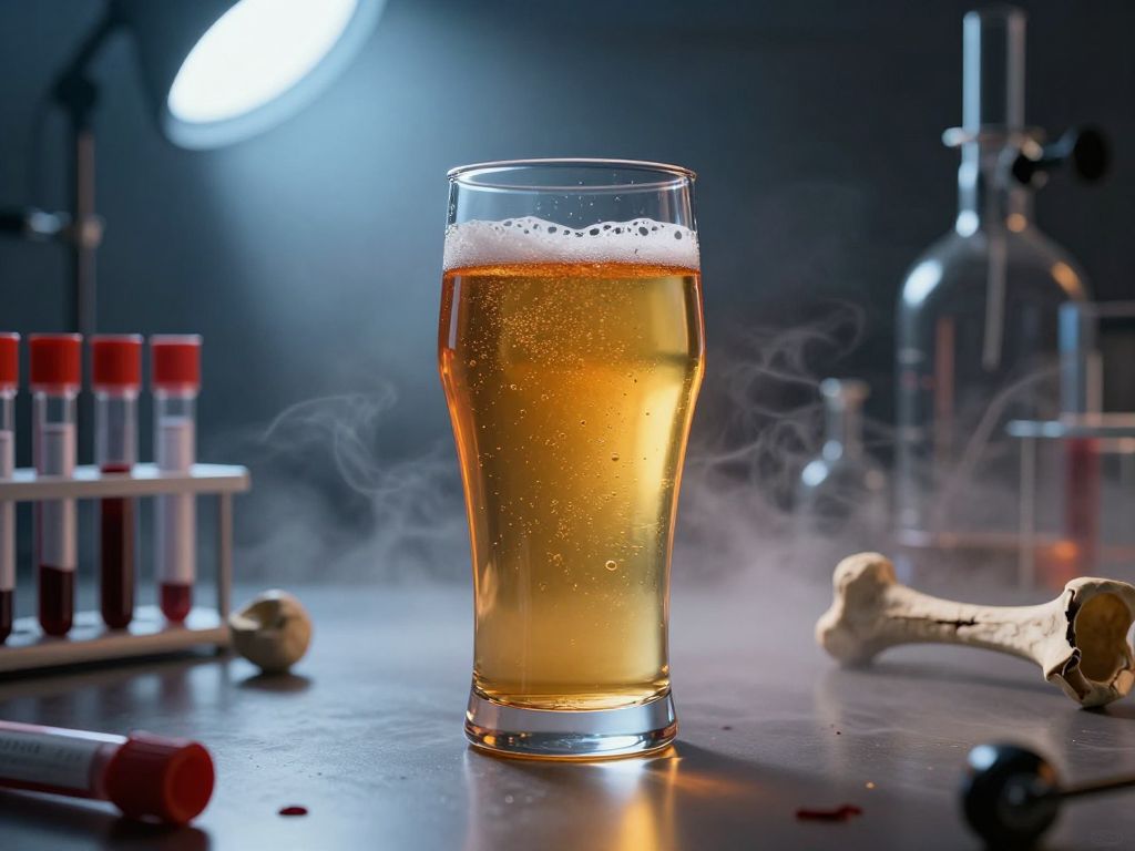 Untouched golden beer glass beside clinical vials and a cracked bone fragment on a stark laboratory surface.