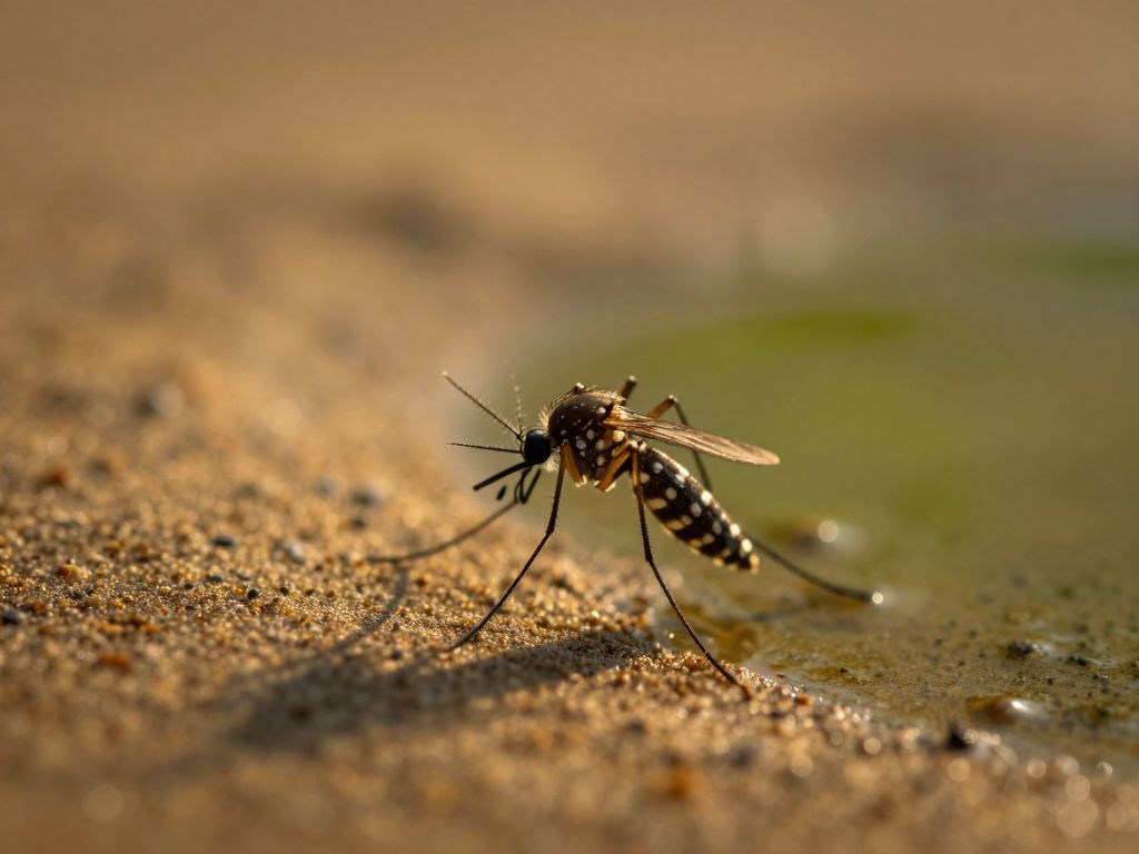 Close-up tiger mosquito hovering above a murky stagnant pool on volcanic sand under an amber hazy sky