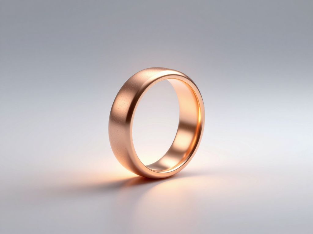 Rose-gold smart ring glowing with warm amber light on a clean white surface, casting soft reflections into surrounding darkness.